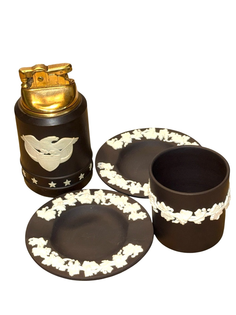 WEDGWOOD 4pc Vintage Black Jasperware Cigarette Collection